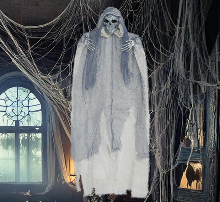 Bambola di Halloween scheletro grigio con mantello