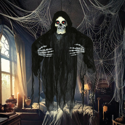 Scheletro di bambola di Halloween con luci, suoni e movimenti 1,20 m