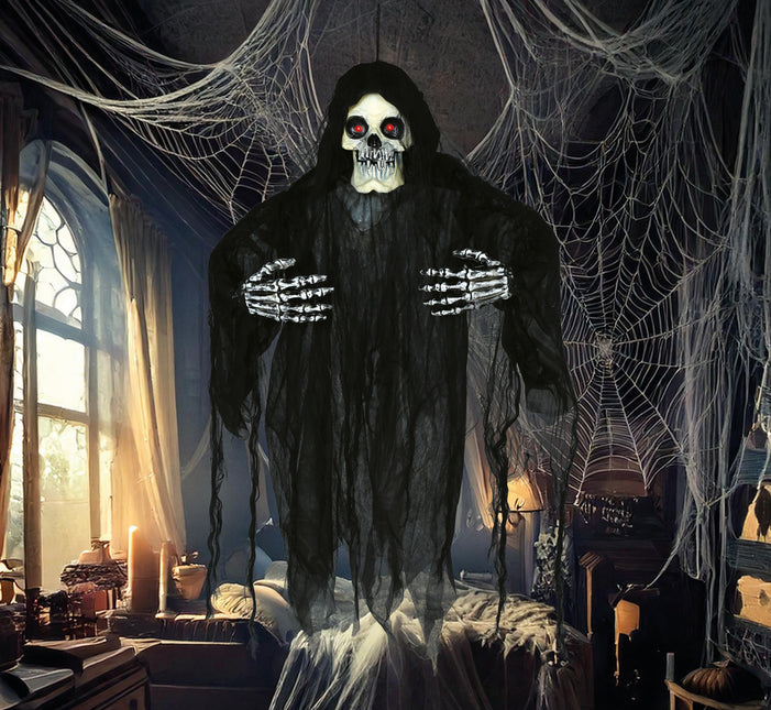 Scheletro di bambola di Halloween con luci, suoni e movimenti 1,20 m
