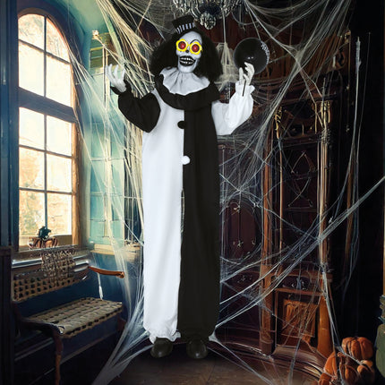 Bambola di Halloween Clown bianco e nero con luci e suoni 1,7 m