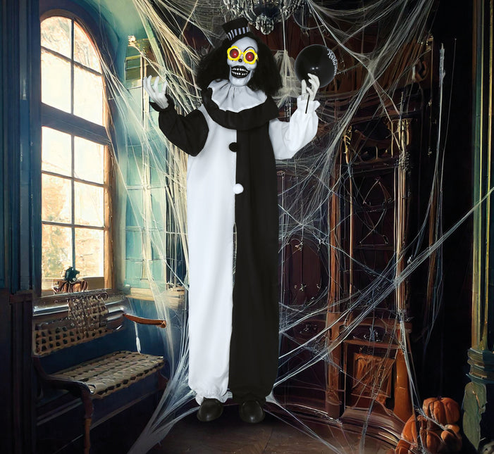Bambola di Halloween Clown bianco e nero con luci e suoni 1,7 m