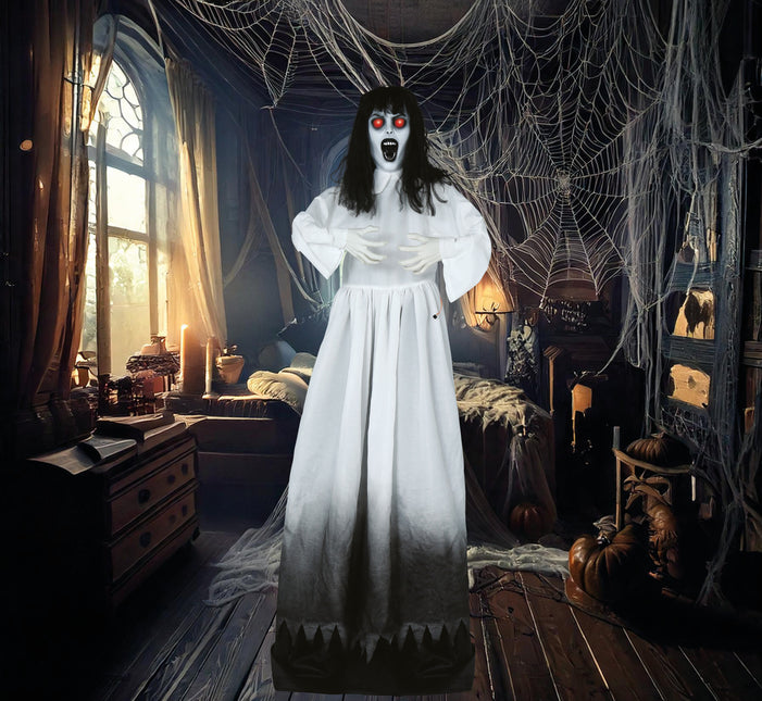 Bambola di Halloween Donna Zombie con luce, suono e movimento 1,8m