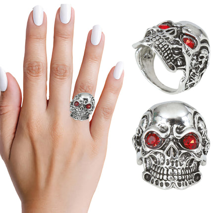 Anello rosso d'argento con teschio