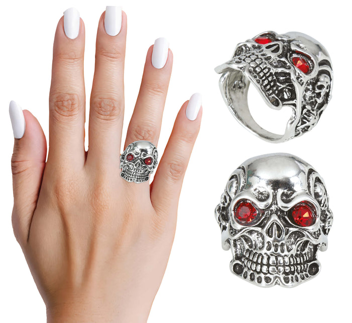 Anello rosso d'argento con teschio