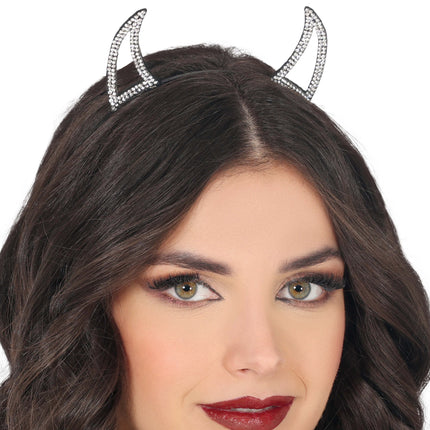 Cerchietto per capelli Halloween Diavolo d'argento con strass