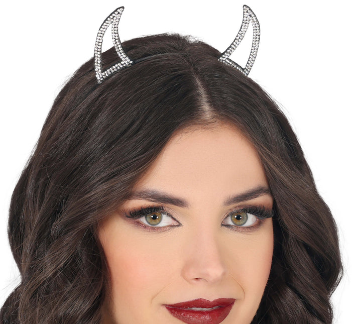 Cerchietto per capelli Halloween Diavolo d'argento con strass