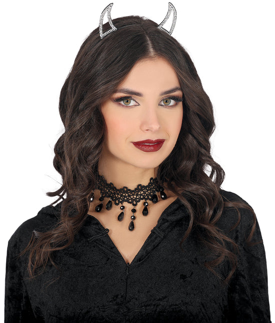 Cerchietto per capelli Halloween Diavolo d'argento con strass