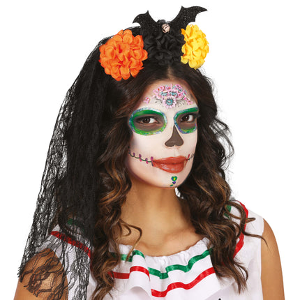 Fascia per capelli di Halloween con velo e fiori