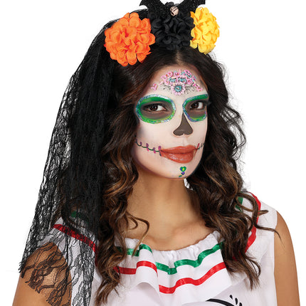 Fascia per capelli di Halloween con velo e fiori