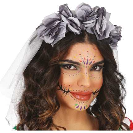 Cerchietto di Halloween con velo grigio e fiori