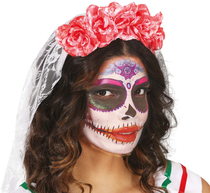 Cerchietto di Halloween con velo rosa e fiori