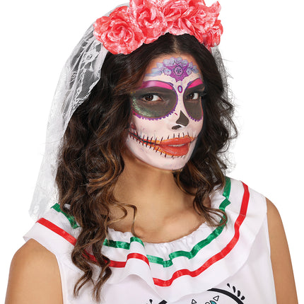 Cerchietto di Halloween con velo rosa e fiori