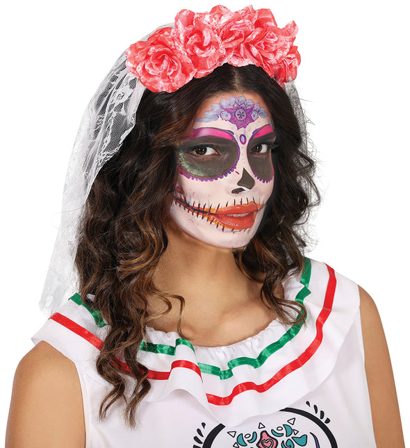 Cerchietto di Halloween con velo rosa e fiori