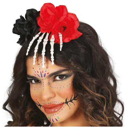 Cerchietto per capelli Halloween Mano di scheletro con fiore
