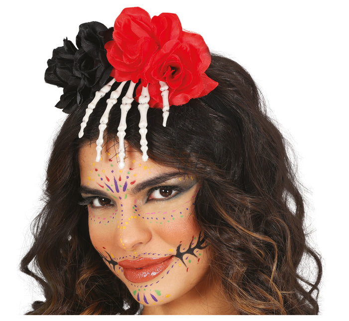 Cerchietto per capelli Halloween Mano di scheletro con fiore