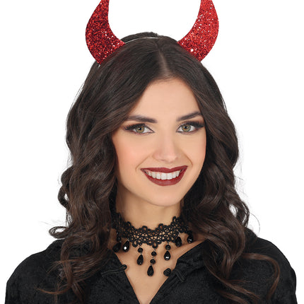 Cerchietto di Halloween con orecchie da diavolo rosse e glitter