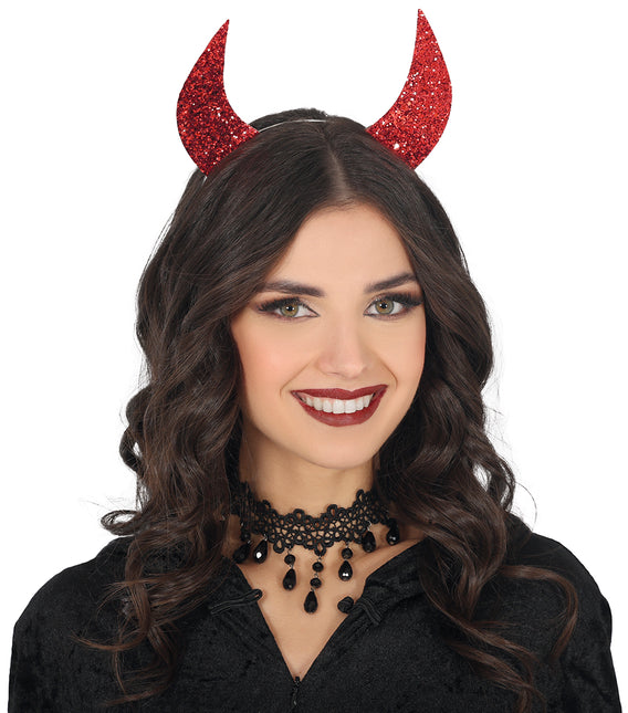 Cerchietto di Halloween con orecchie da diavolo rosse e glitter