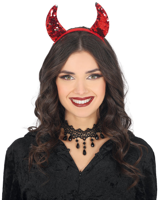 Cerchietto per capelli Halloween Diavolo Rosso con paillettes