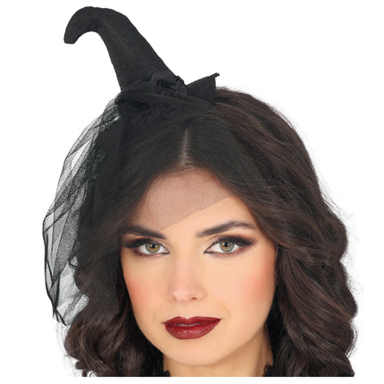 Fascia nera per capelli Mini Cappello da strega con velo
