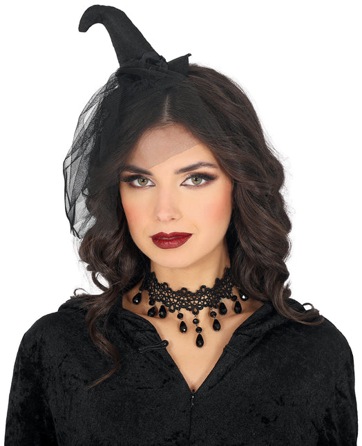 Fascia nera per capelli Mini Cappello da strega con velo