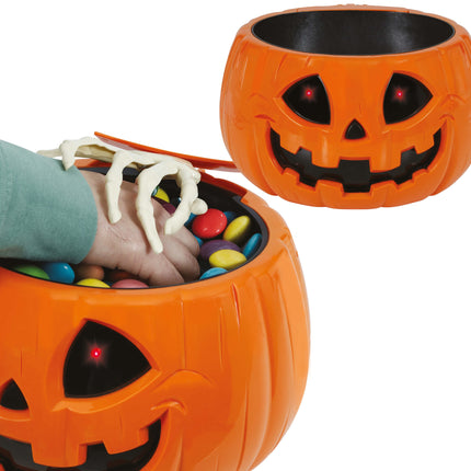 Zucca a scodella di Halloween con luce, suono e movimento 15 cm