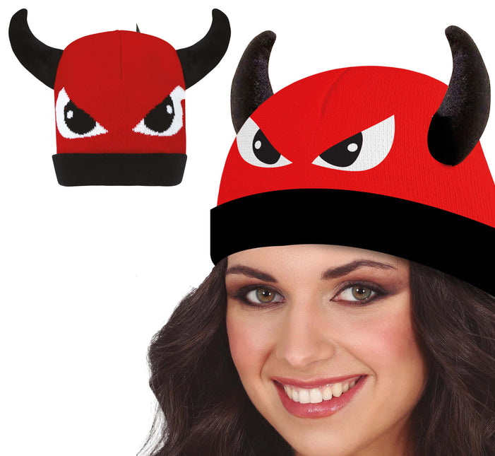 Diavolo rosso con cappello nero e occhi