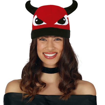 Diavolo rosso con cappello nero e occhi