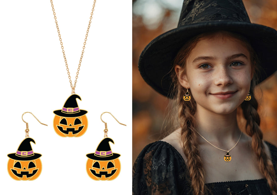 Set di accessori per Halloween Collana e orecchini arancioni Zucca
