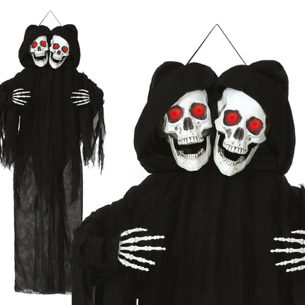 Bambola di Halloween Scheletro Nero Due Teschi Con Luce E Suono 1,7m