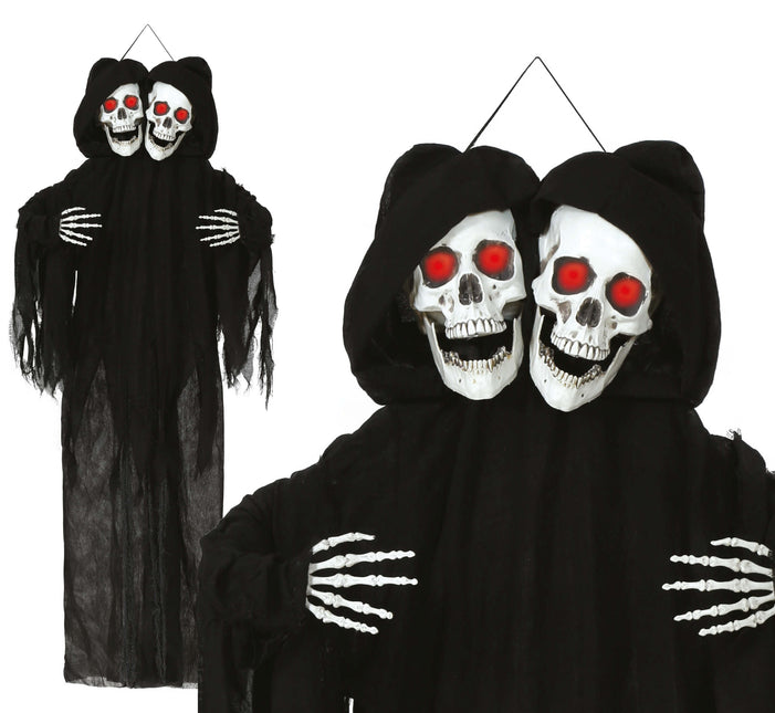 Bambola di Halloween Scheletro Nero Due Teschi Con Luce E Suono 1,7m