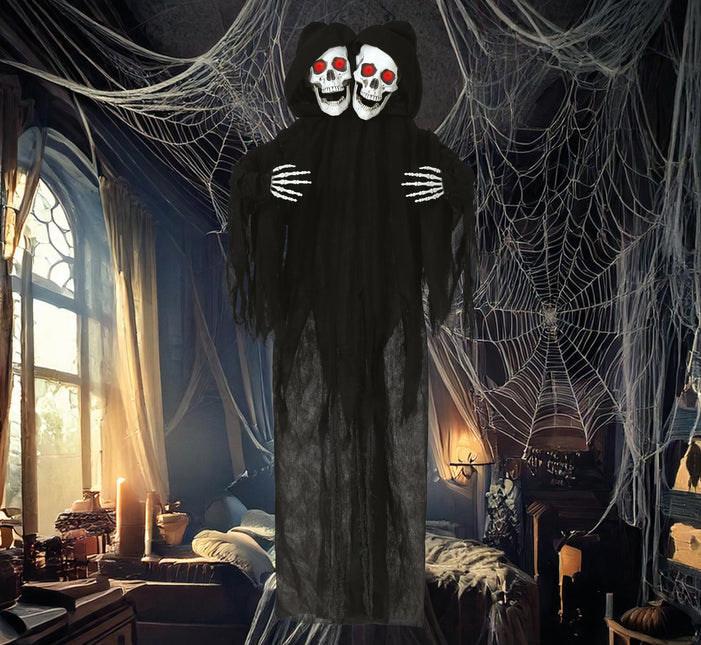 Bambola di Halloween Scheletro Nero Due Teschi Con Luce E Suono 1,7m