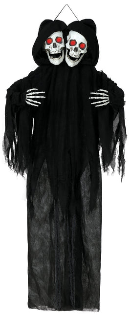 Bambola di Halloween Scheletro Nero Due Teschi Con Luce E Suono 1,7m