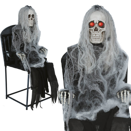 Scheletro di Halloween su sedia con luci, suoni e movimenti, 1,05 m