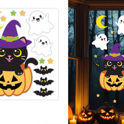 Decorazione da finestra per Halloween: gatto con zucca, 50 cm