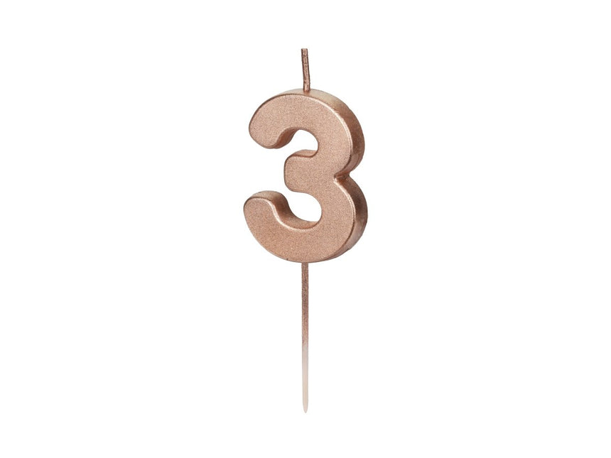 3 Jaar Kaars Rose Goud 9cm van Partydeco koop je bij Partywinkel