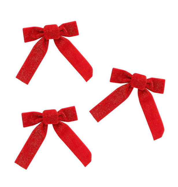 3 FIOCCHI DI VELLUTO ROSSO SCINTILLANTE 14 CM X 1 CM X 16 CM
