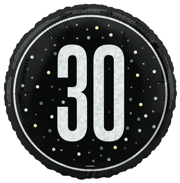 30 Jaar Helium Ballon Zwart Wit Leeg 45cm van Unique koop je bij Partywinkel