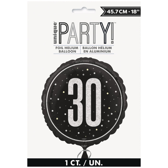 30 Jaar Helium Ballon Zwart Wit Leeg 45cm van Unique koop je bij Partywinkel