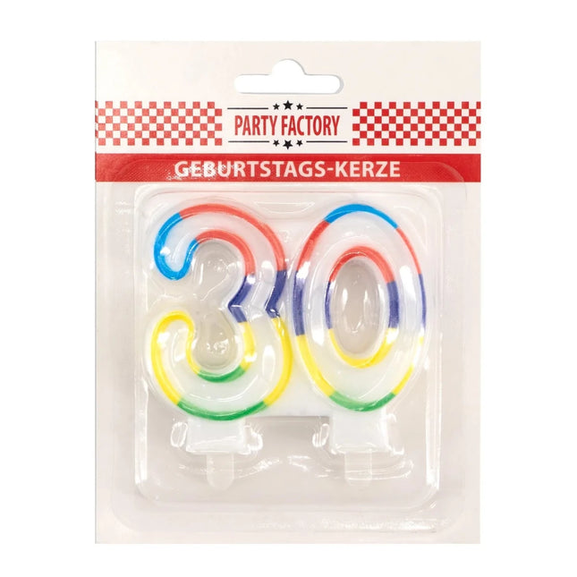 30 Jaar Kaars Gekleurde Rand 7cm van VDV Benefit koop je bij Partywinkel