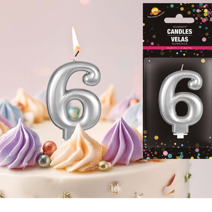 Candela d'argento 6 anni metallizzata 8 cm