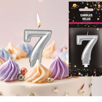 Candela d'argento 7 anni metallizzata 8 cm