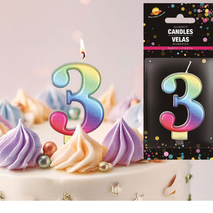 Candela arcobaleno 3 anni metallizzata 8 cm