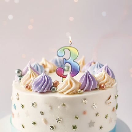 Candela arcobaleno 3 anni metallizzata 8 cm