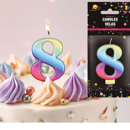 Candela arcobaleno 8 anni metallizzata 8 cm