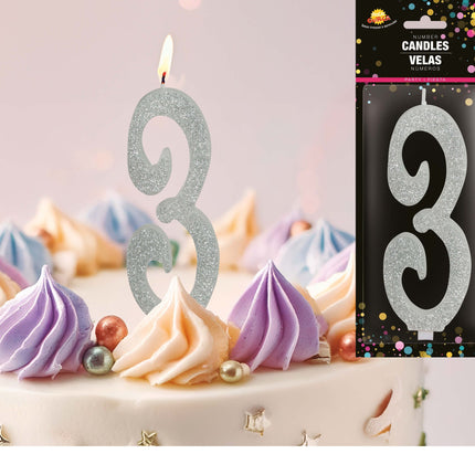 Candela Argento 3 Anni Glitter 12,5 cm