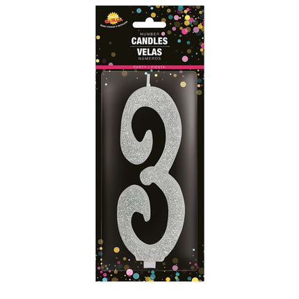 Candela Argento 3 Anni Glitter 12,5 cm