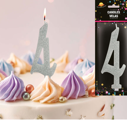 Candela Argento 4 Anni Glitter 12,5 cm