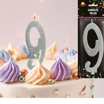 Candela Argento 9 Anni Glitter 12,5 cm