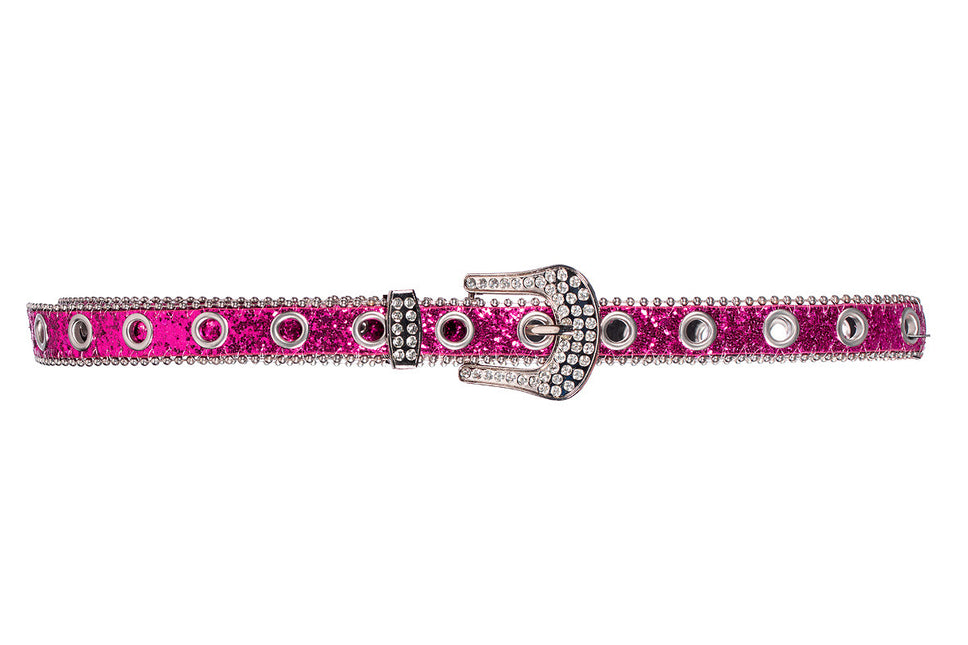 Cintura glitterata con fibbia di strass Rosa