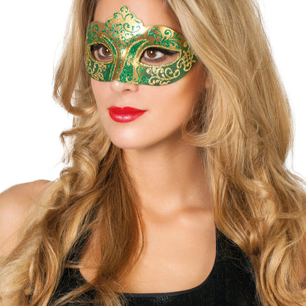 Maschera occhi veneziana verde oro glitterato